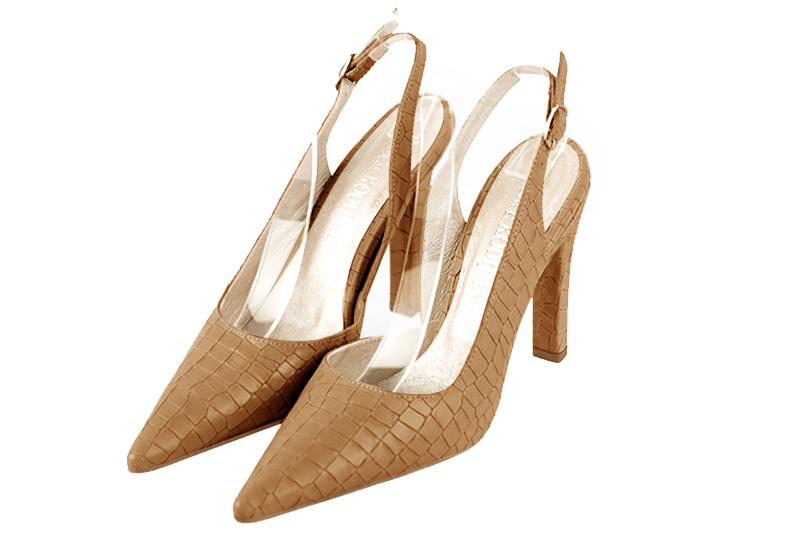 Women's camel beige elegant slingback heels. .  - Front view